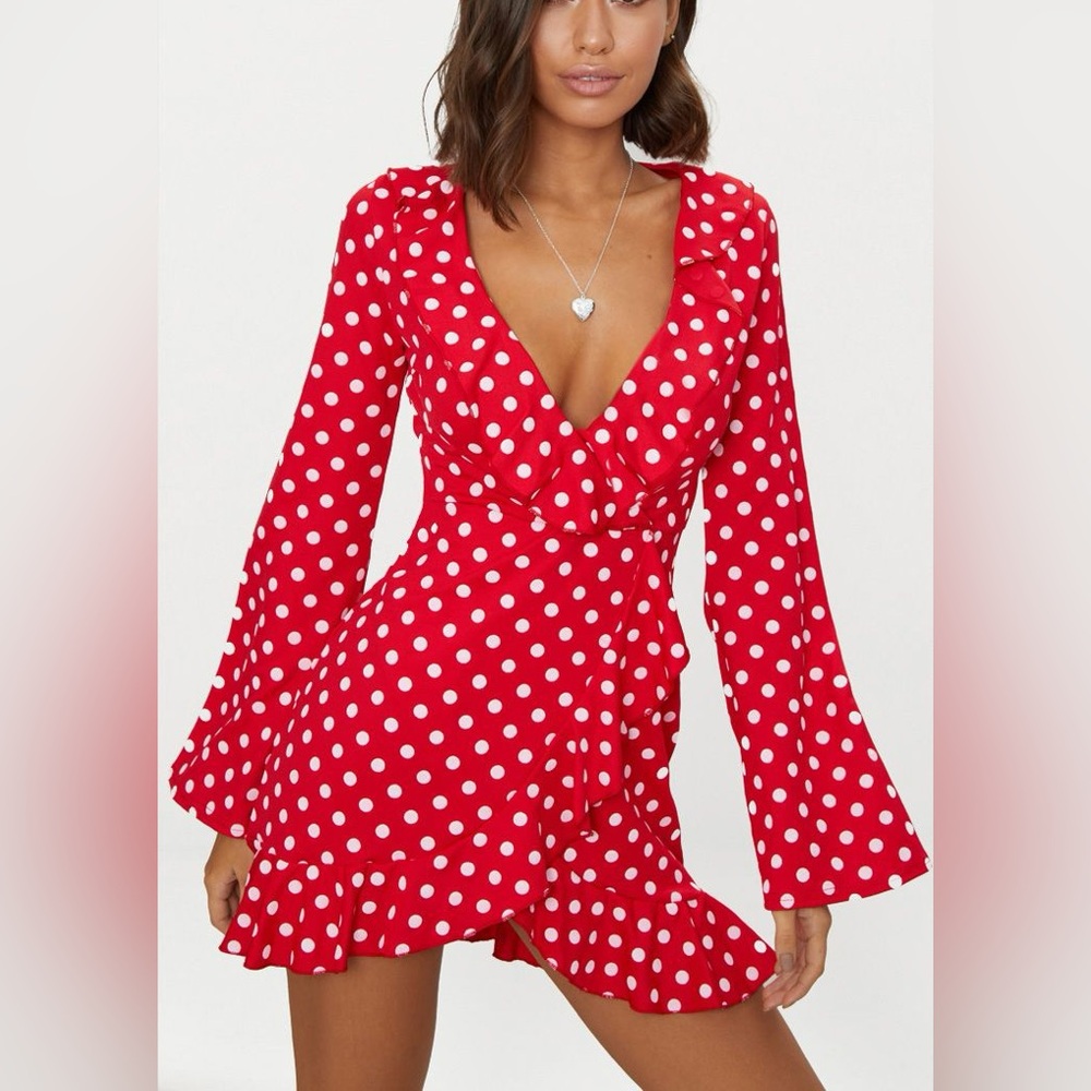 PrettyLittleThing Red Polka Dot Long Sleeve Wrap Dress